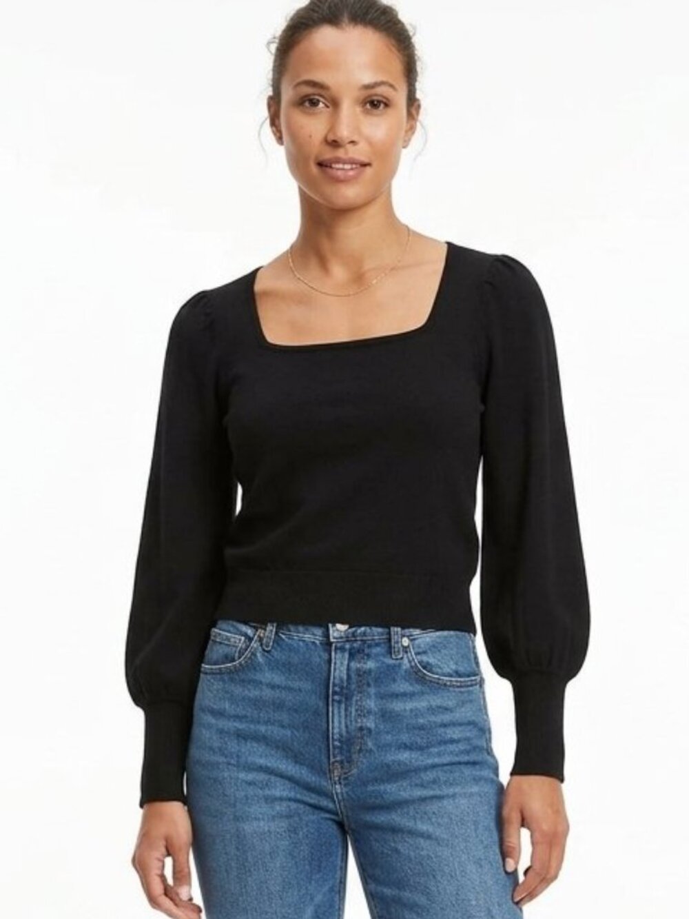 Banana Republic Black Square-Neck Puff-Sleever Top - Size Small